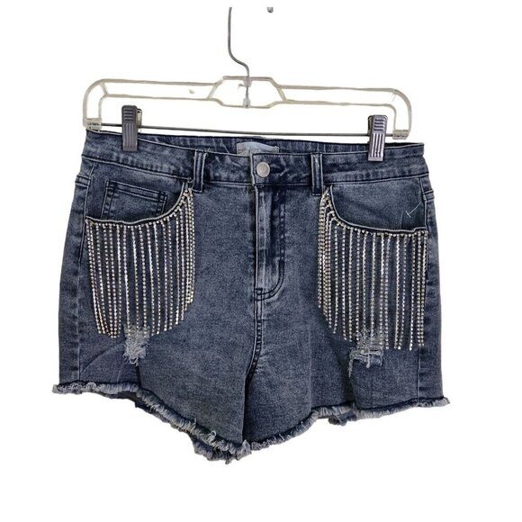 Altar'd State NWOT Rhinestone Fringe Embellished Jean Cutoff Shorts Size S - Picture 1 of 6